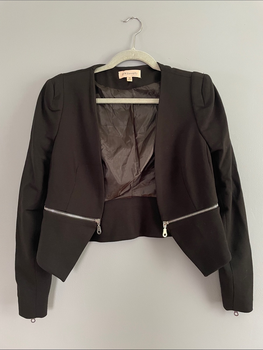 Philosophy Black Cropped Open-Front Blazer with Silver Zippers